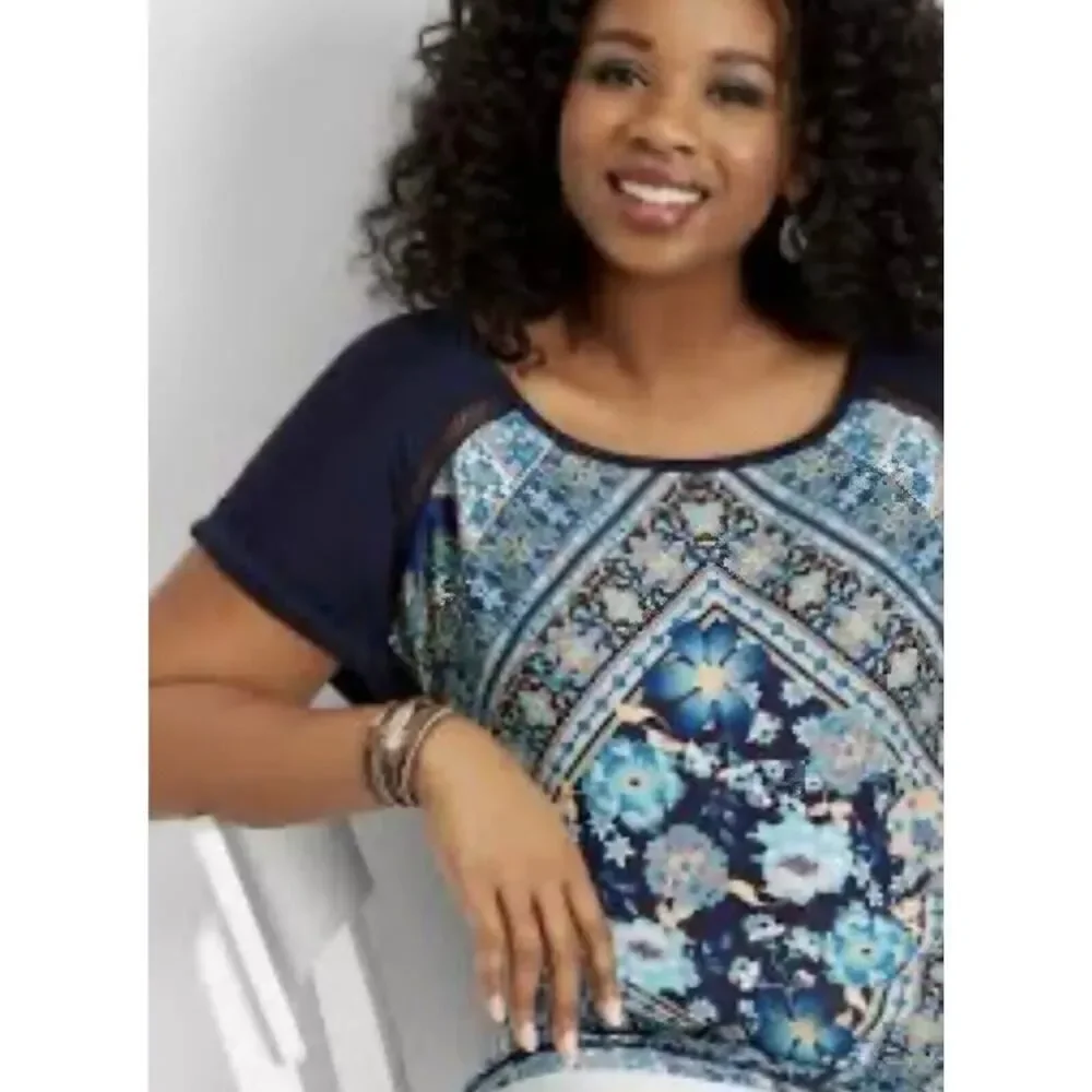 Maurices Women's Size Medium Blue Cap Sleeve Top Floral Front Solid Back Shirt - Picture 1 of 8